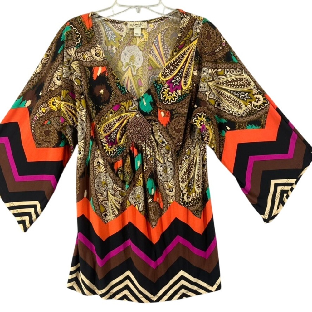 One World Shirt Womens M Paisley Chevron Kimono Sleeve Y2K Babydoll Fairy Grunge